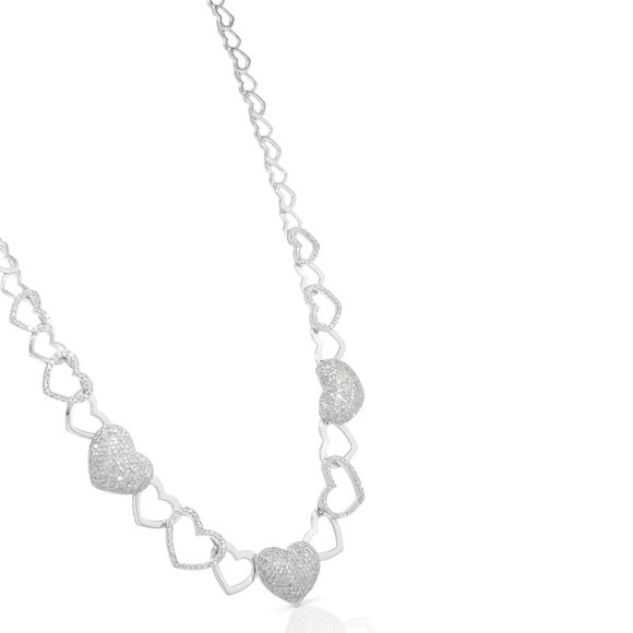Pave Round Cut Diamond Heart Link Necklace 14K White Gold 2.50Cttw 17 Inches - Picture 3 of 4